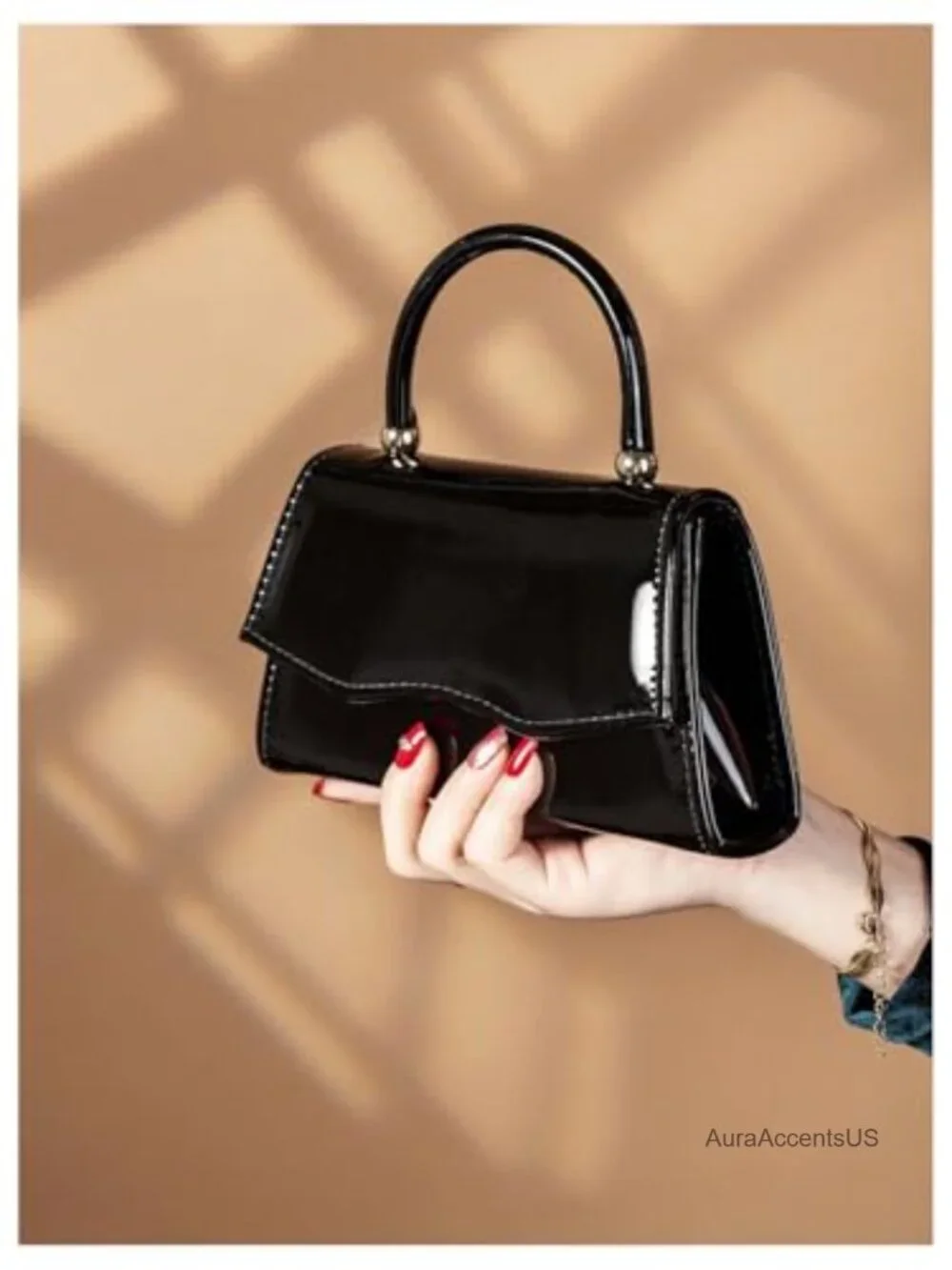 Patent Leather Top Handle Mini Clutch Purse with Detachable Chain Strap -